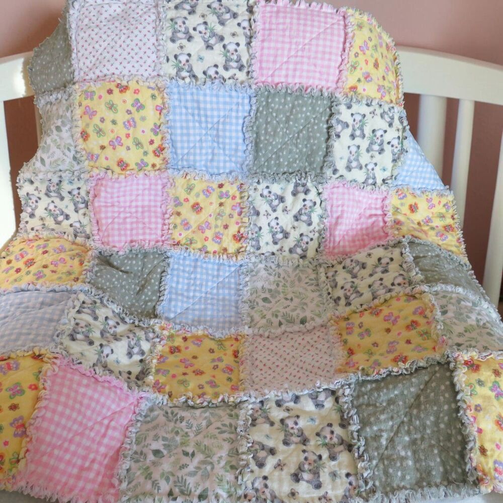 Flannel Rag Quilt With Batting 43 x 43,  Panda Bears, Butterflies, and Gingham